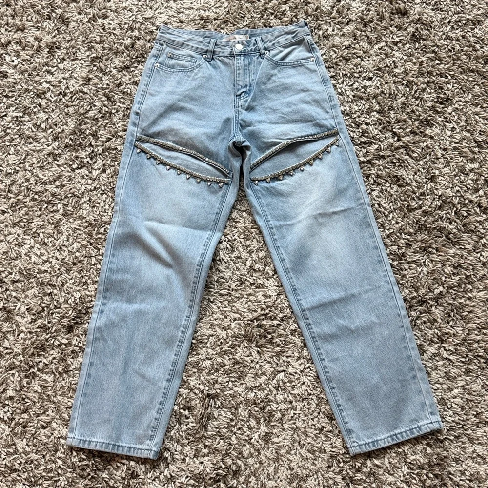 Torn By Ronny Kobo Mariah Jeans Rhinestone Cutout Straight Leg Denim 27/4 - Picture 3 of 9